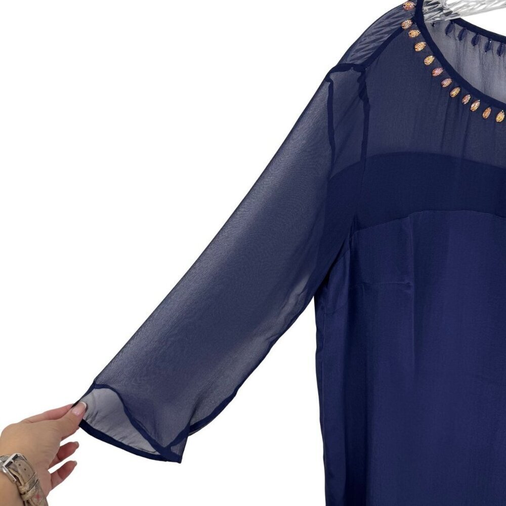 French Connection NEW 100% Silk Navy Blue Embellished Beaded Blouse Top Size 10 - Picture 3 of 10